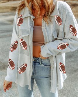 Gray Sequined Rugby Flap Pockets Buttoned Shacket