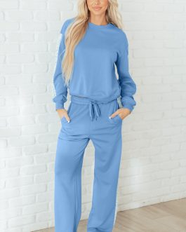 Beau Blue Floral Patchwork Drop Shoulder Pullover and Sweatpants Lounge Set