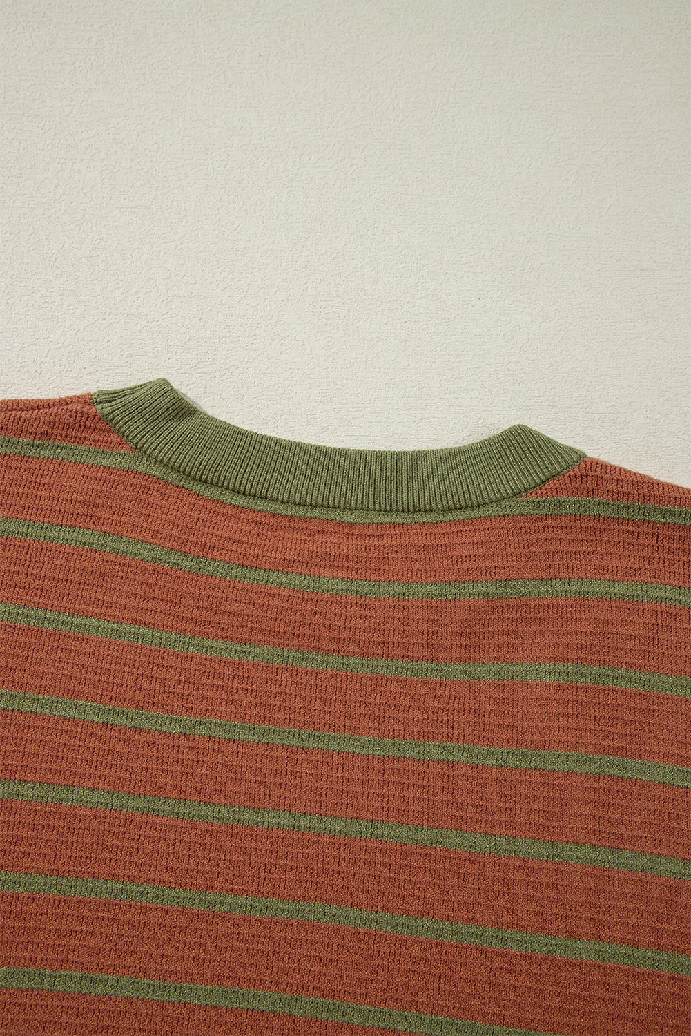 Brown Stripe Trimmed Round Neck Drop Shoulder Loose Sweater - Image 7