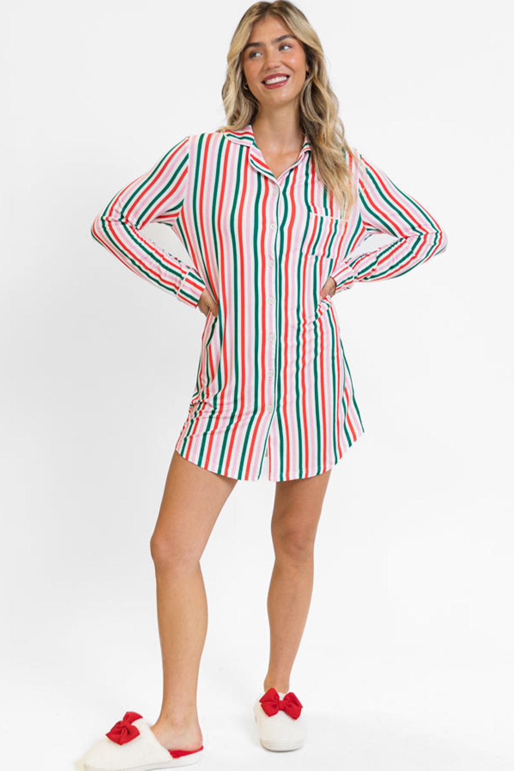 Pink Stripe Christmas Long Sleeve Shirt Style Lounge Dress - Image 6
