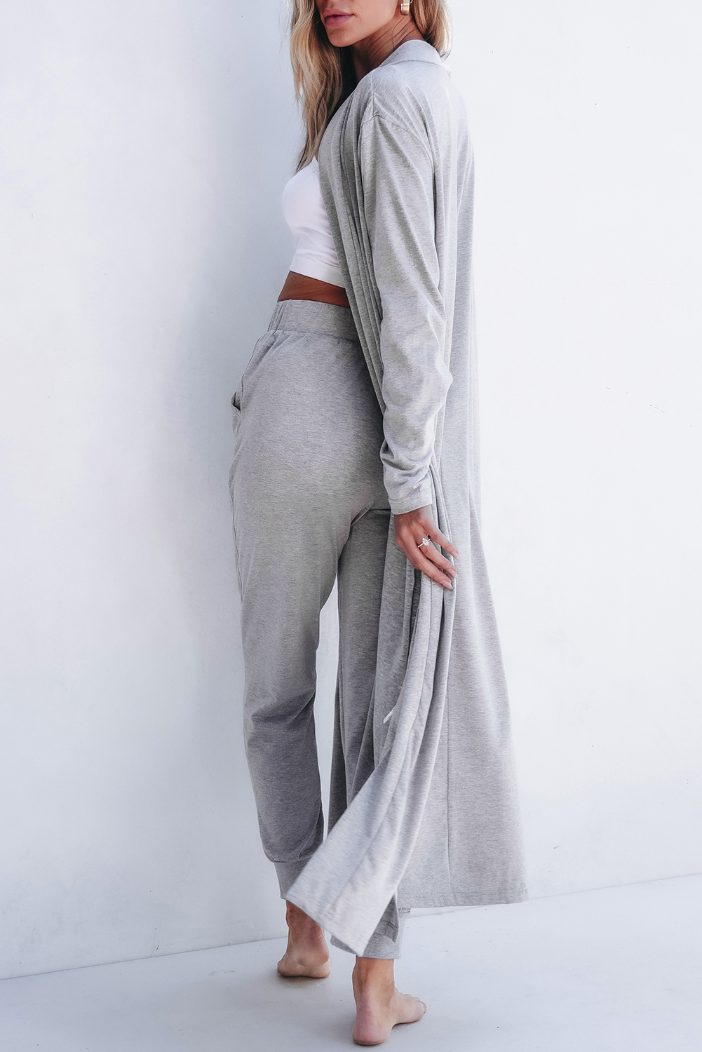 Light Grey Split Long Cardigan and Skinny Pants Lounge Set - Image 2
