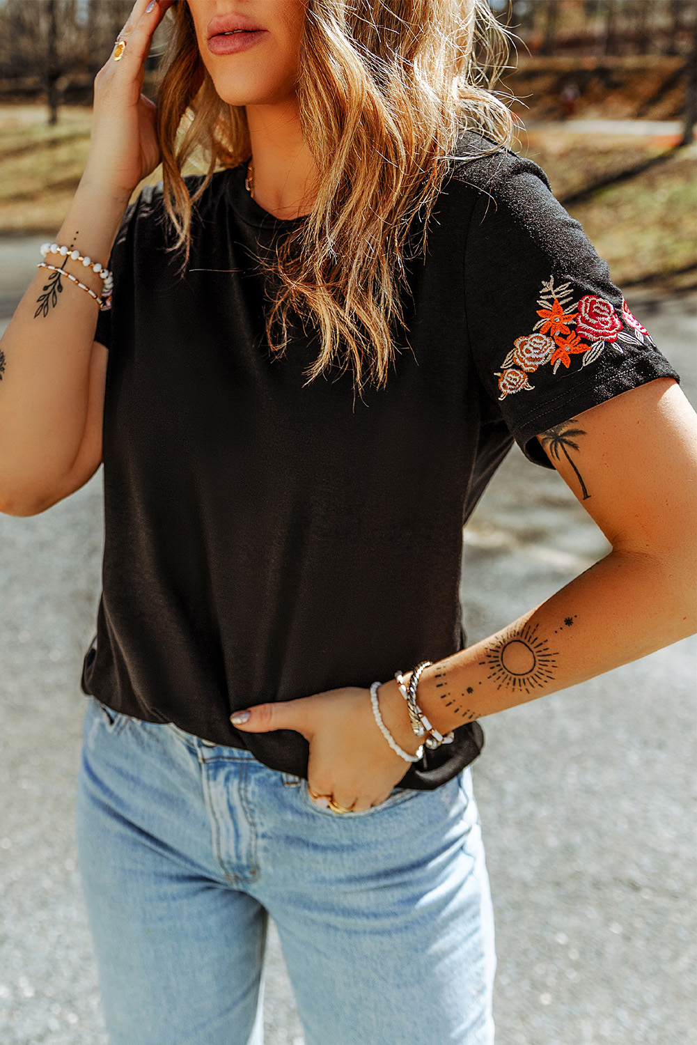 Black Floral Embroidered Round Neck Short Sleeve T Shirt - Image 3