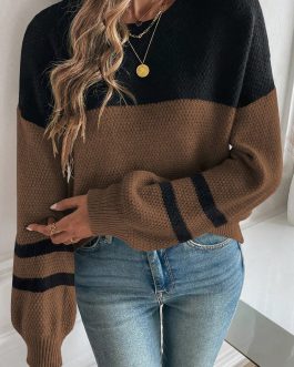 Dark Brown Color Block Knit Striped Sleeve Detail Casual Sweater