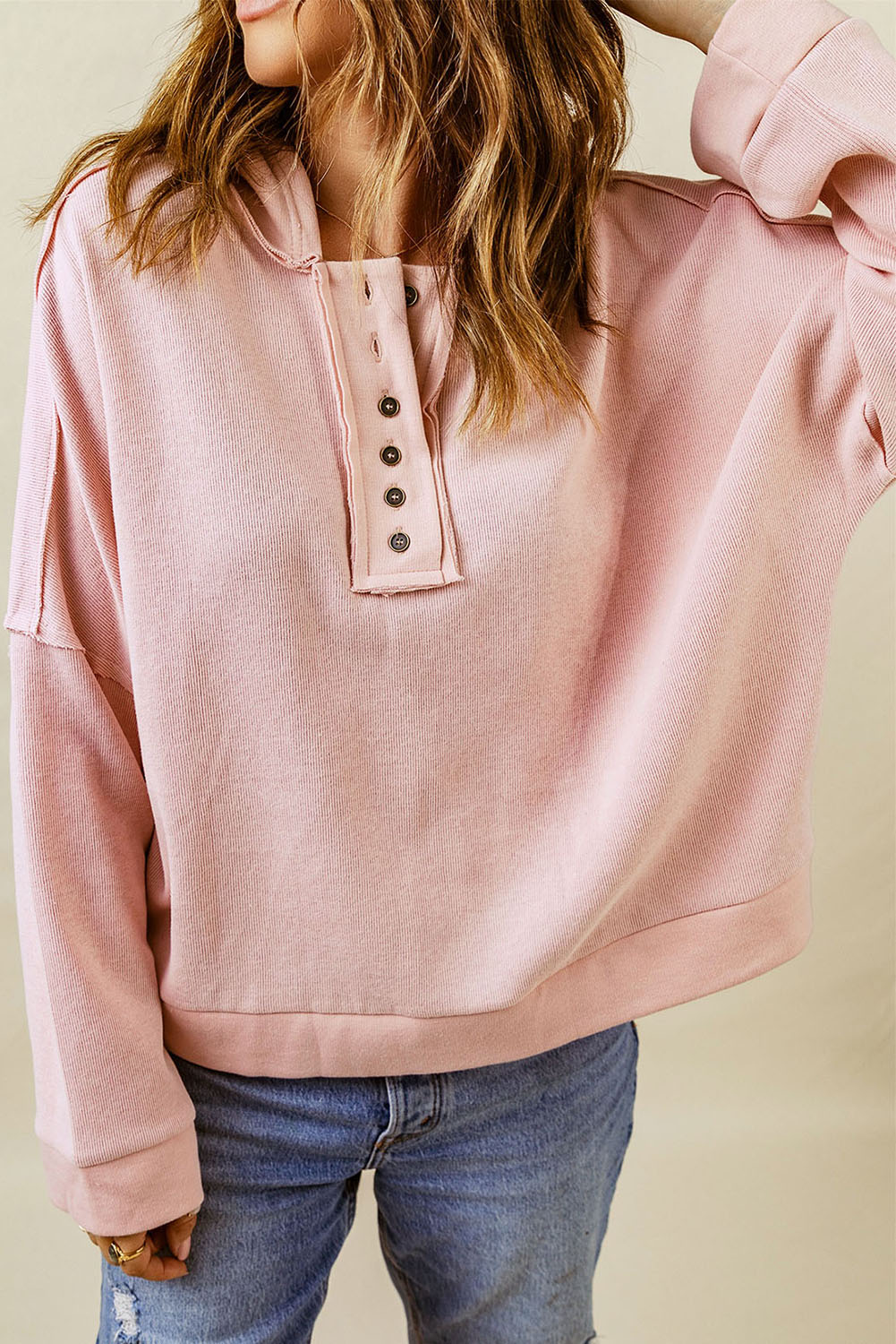 Pink Casual Button Solid Patchwork Trim Hoodie - Image 5