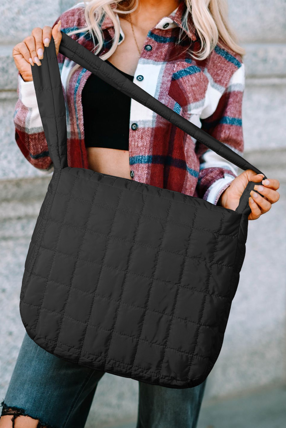 Black Quilted Zipper Large Shoulder Bag - Image 5