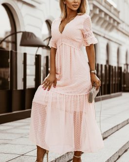 Swiss Dot Lace Trim Maxi Dress