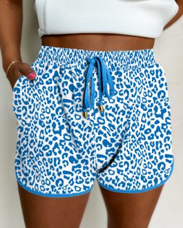 Blue Leopard Elastic Waistband Lace up Contrast Trim Casual Shorts