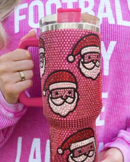 Rose Red Christmas Santa Claus Diamond Thermos Cup with Straw 40oz