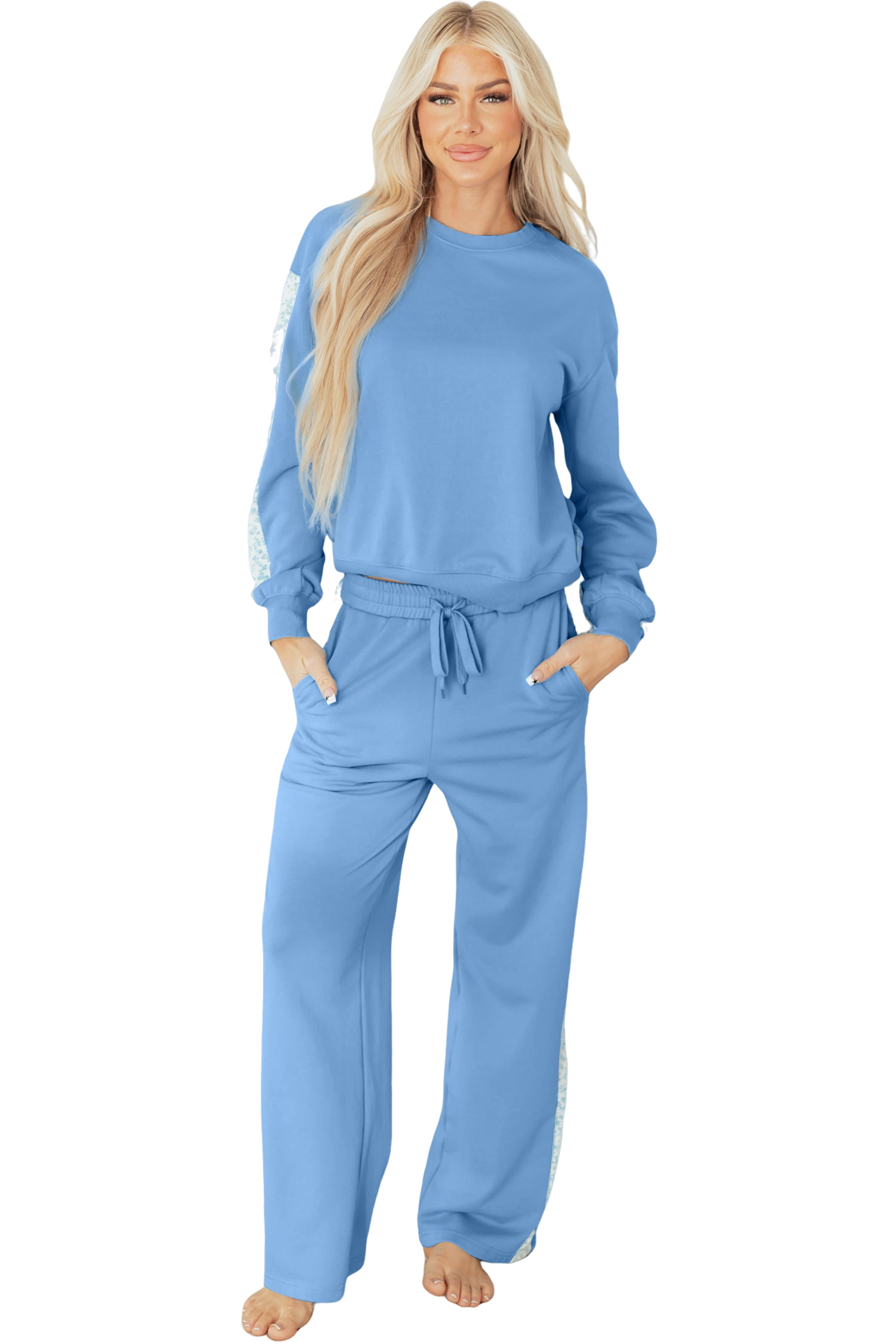 Beau Blue Floral Patchwork Drop Shoulder Pullover and Sweatpants Lounge Set - Image 19