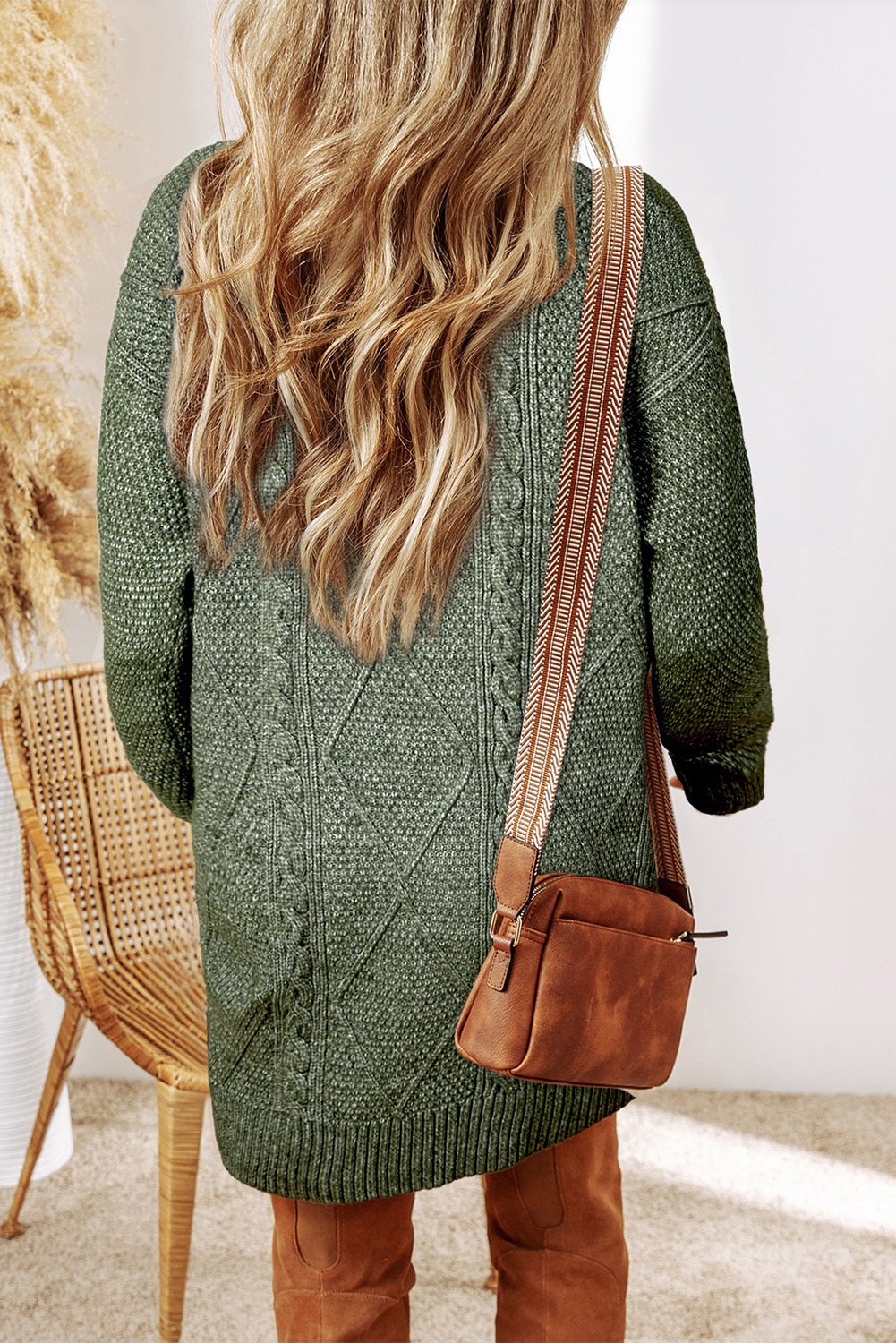 Mist Green Cable Knit Drop Shoulder Loose Fit Sweater Dress - Image 3