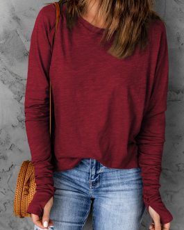 Fiery Red Solid Crew Neck Long Sleeve Top