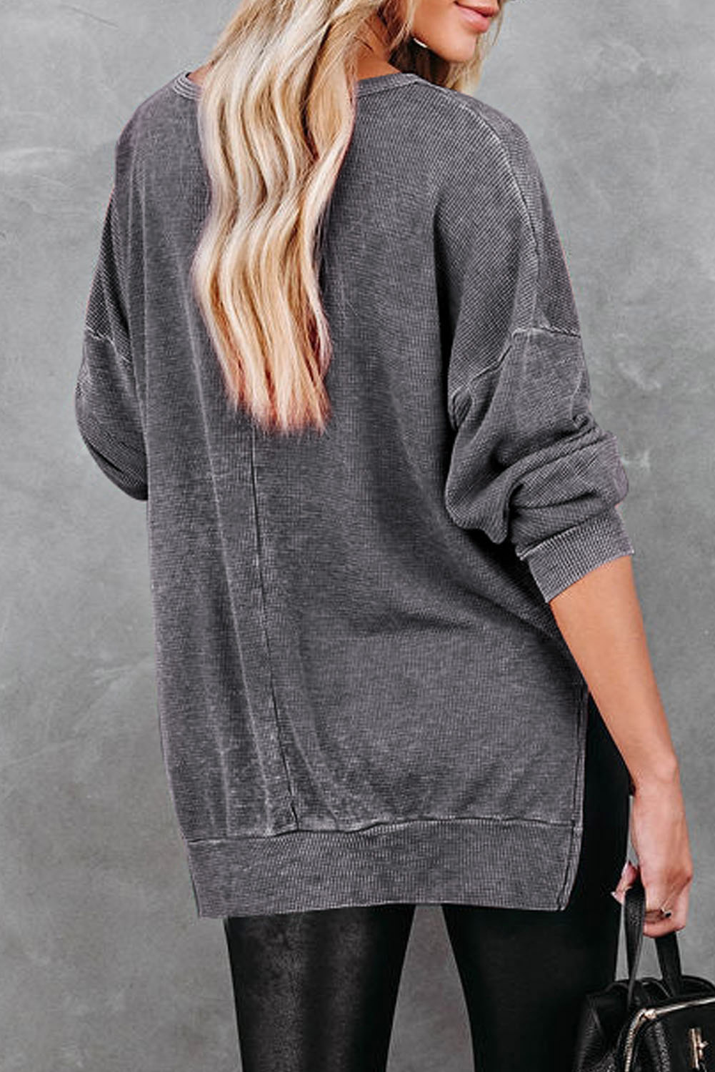 Gray Waffle Knit Side Slit Pullover Top - Image 2