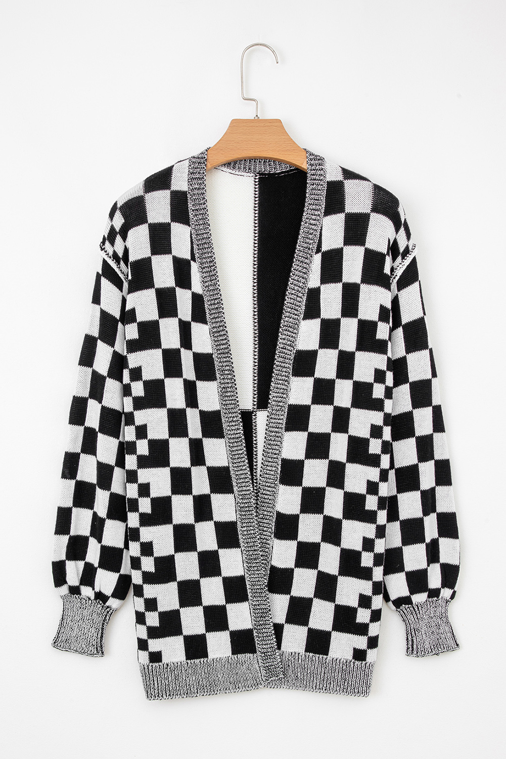 Black Checkered Open Front Drop Shoulder Cardigan - Image 8