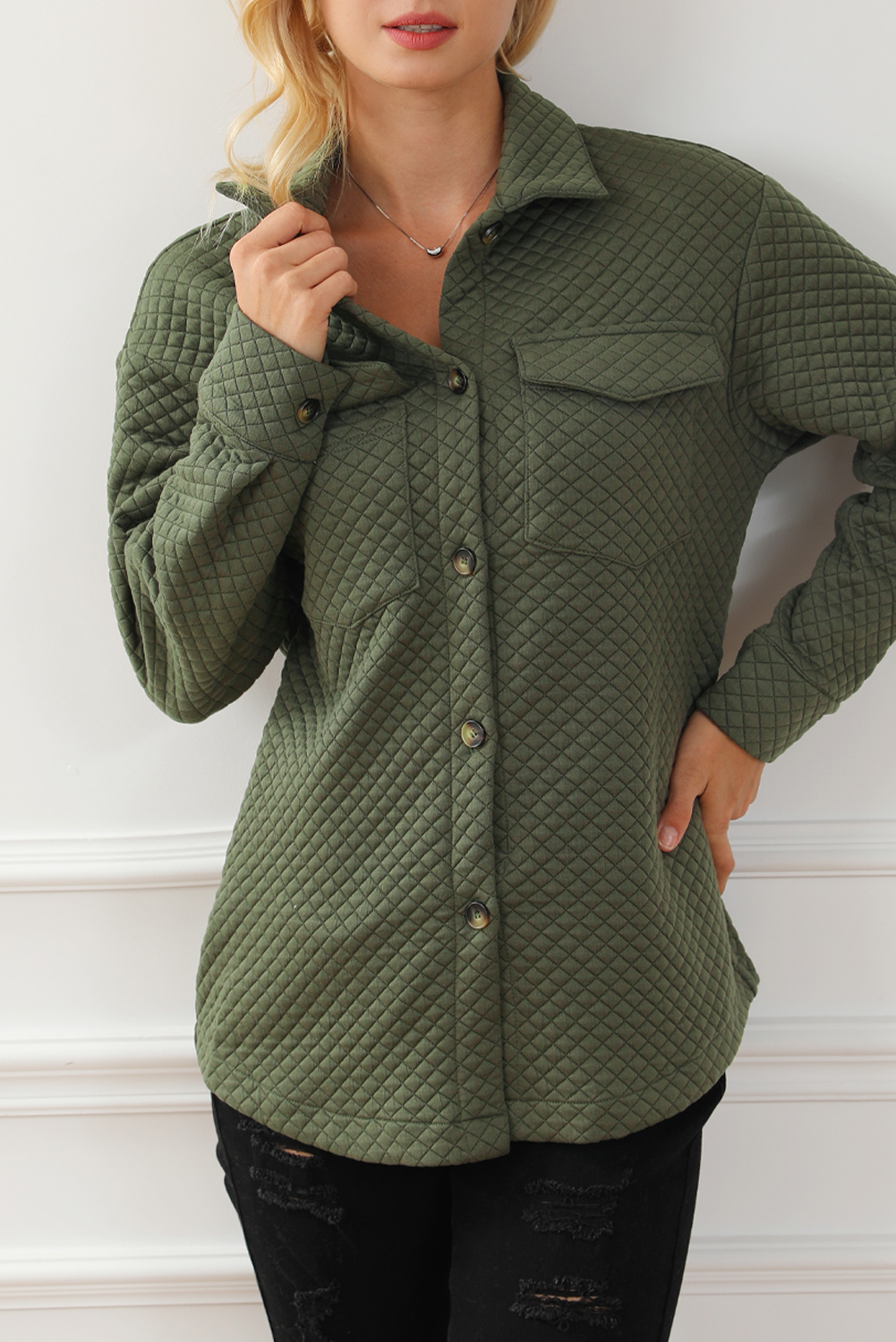 Green Retro Quilted Flap Pocket Button Shacket - Image 6