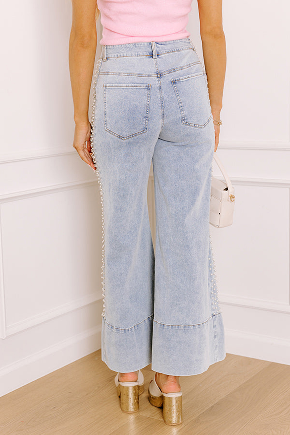 Beau Blue Mid Rise Pearl Embellished Split Wide Leg Jeans - Image 2