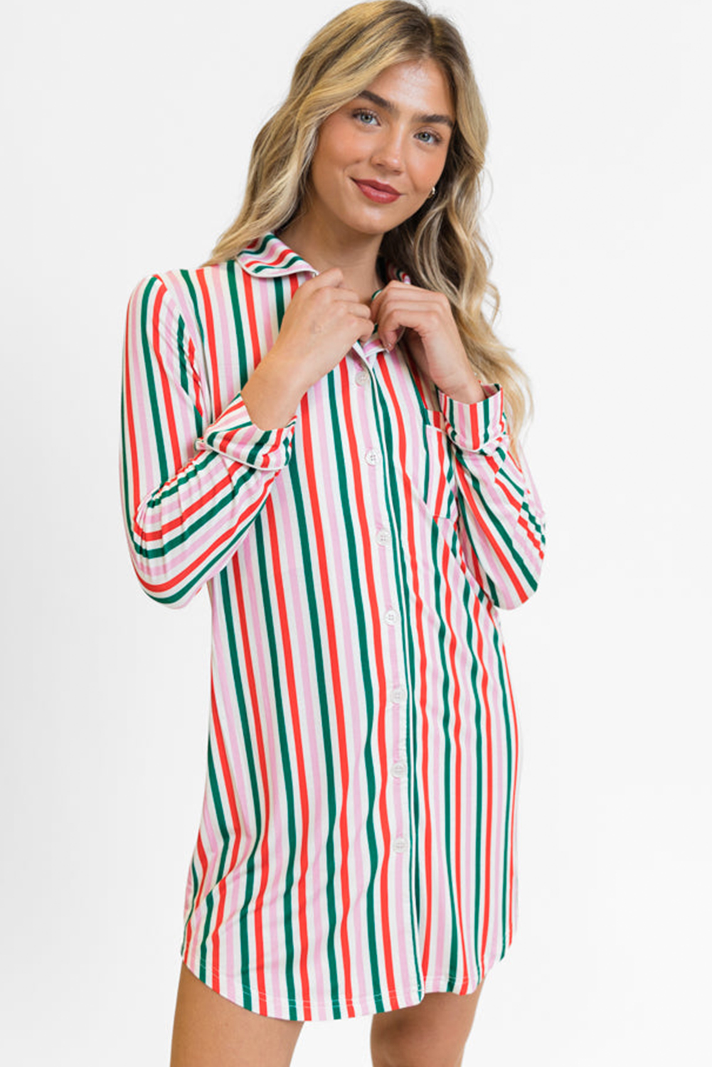 Pink Stripe Christmas Long Sleeve Shirt Style Lounge Dress - Image 3