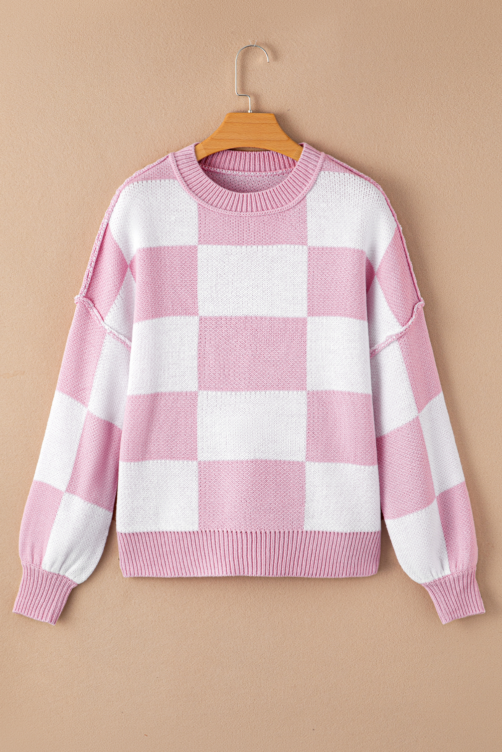 Pink Checkered Bishop Sleeve Sweater - Image 5