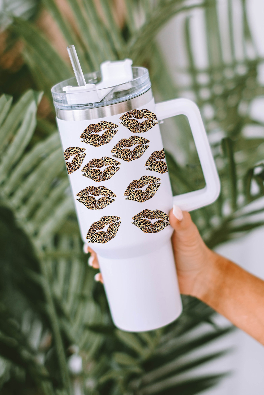 White Valentine Leopard Lips Print Thermos Cup with Straw 40oz - Image 3