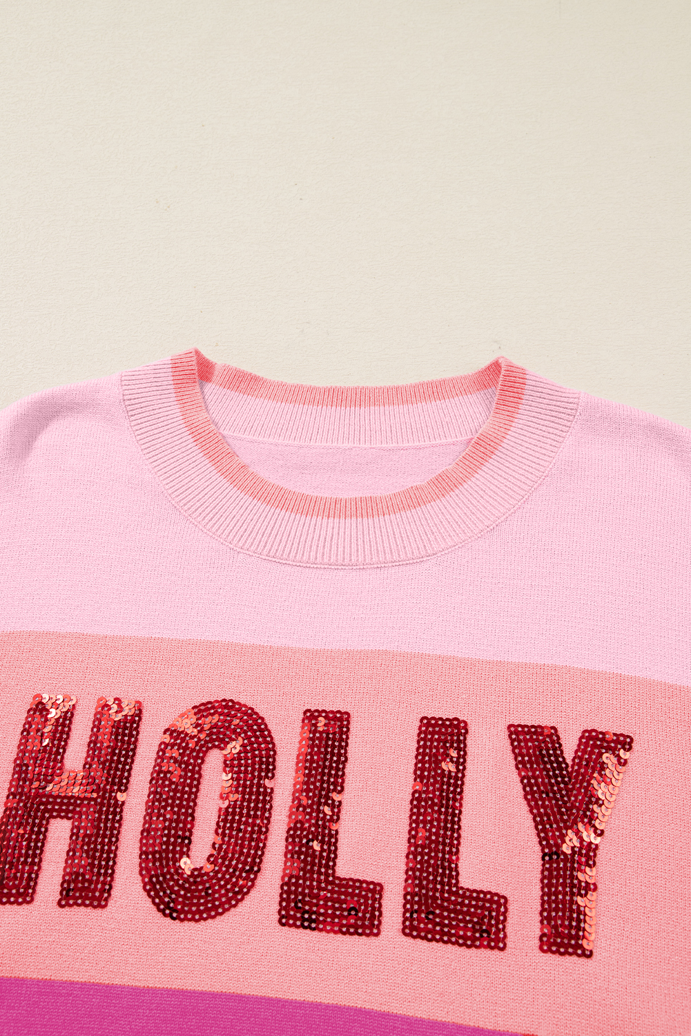 Pink Sequined HOLLY JOLLY Color Block Crew Neck Sweater - Image 8