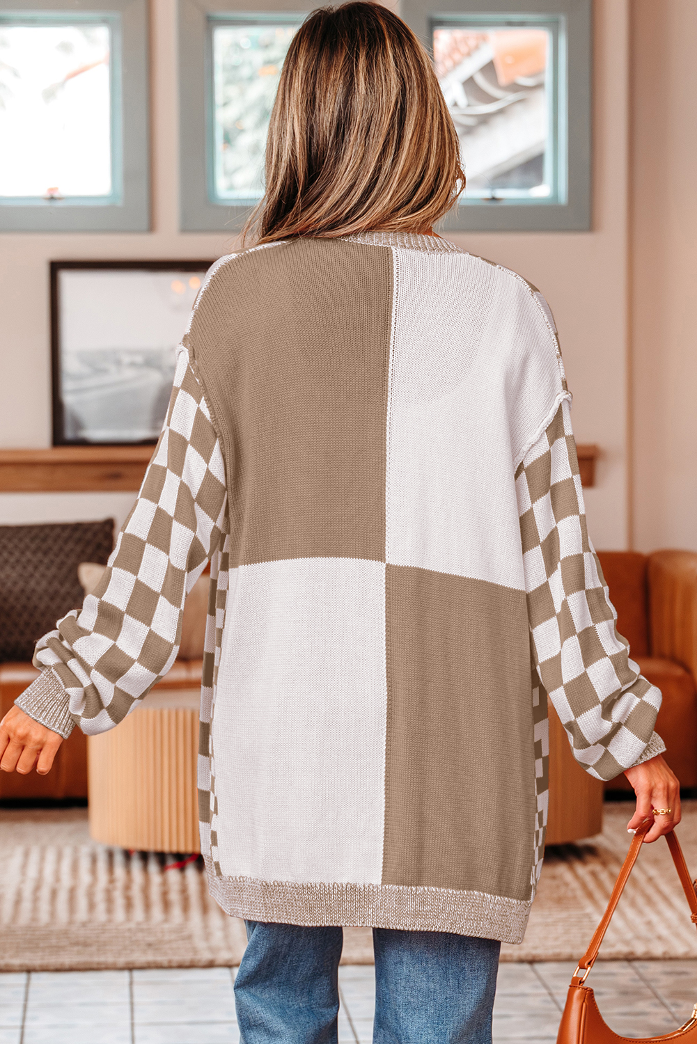 Brown Checkered Open Front Drop Shoulder Cardigan - Image 2