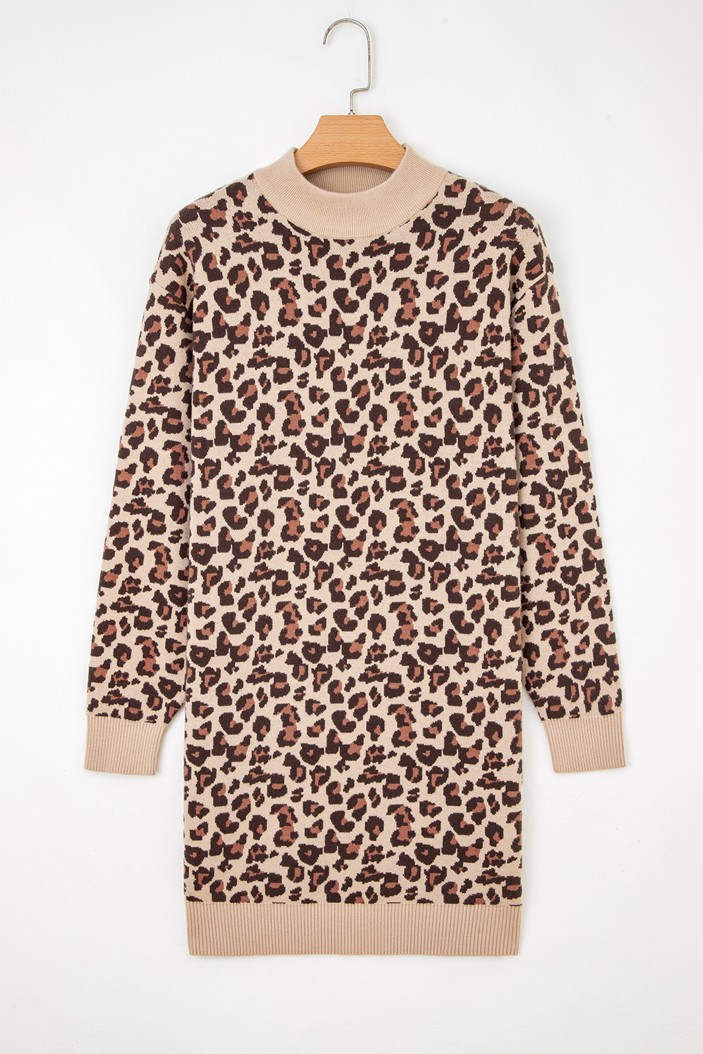 Khaki Leopard Print High Neck Shift Mini Sweater Dress - Image 7