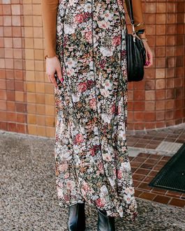 Brown Floral Print High Waist Maxi Skirt