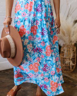 Sky Blue Floral Printed High Waist Split Wrap Long Skirt