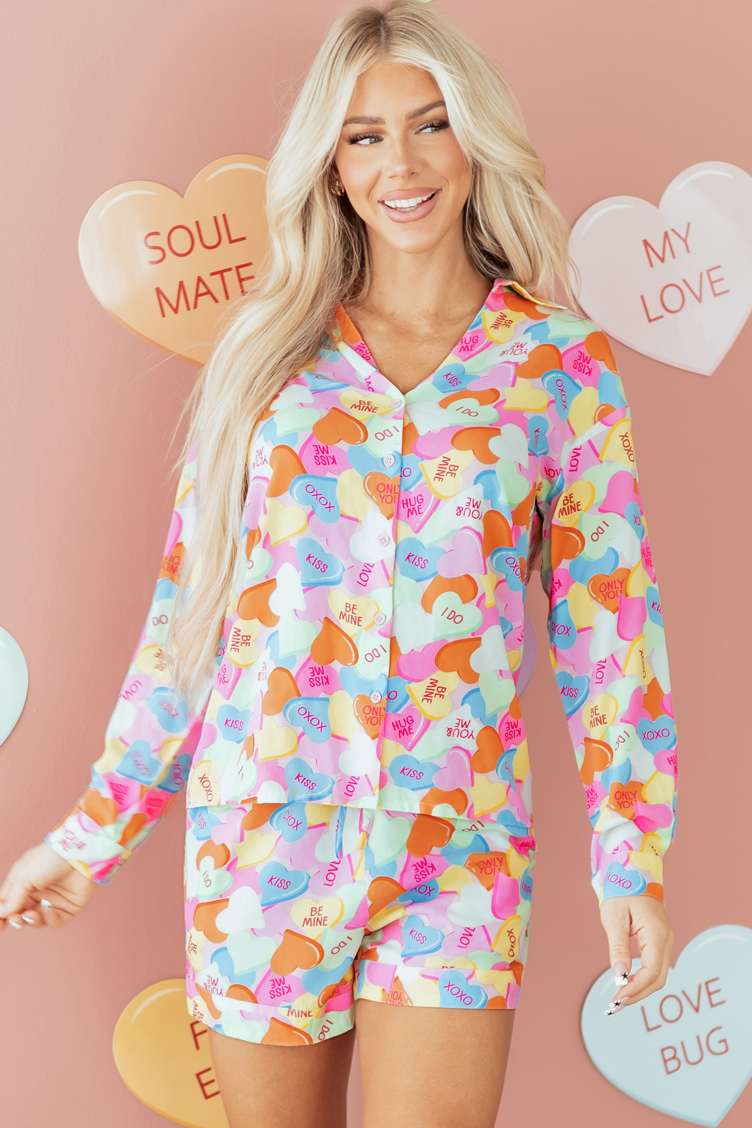Pink Valentines Candy Heart V Neck Collared Tunic Shirt and Shorts 2pcs Pajama Set - Image 9