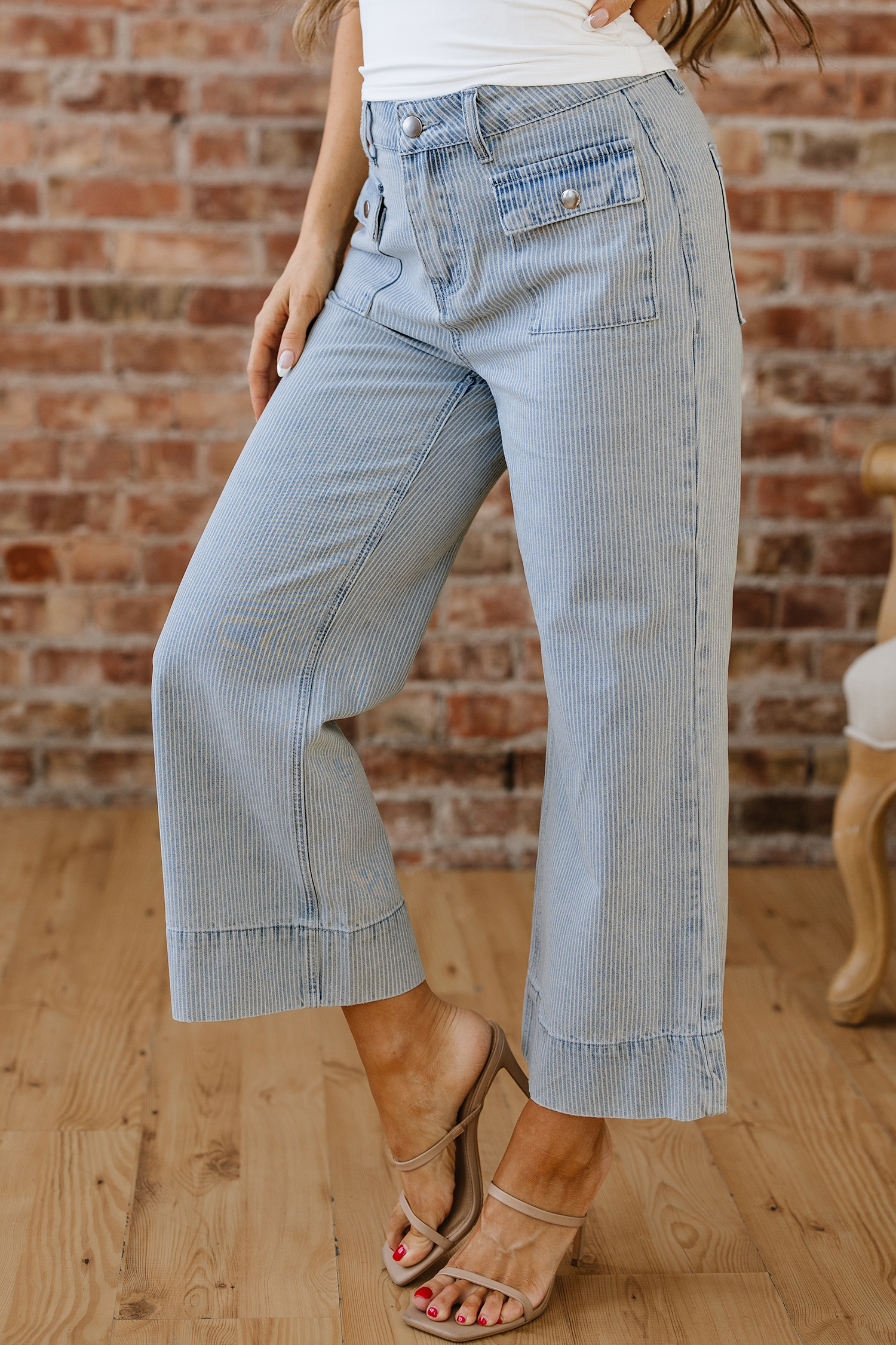Sky Blue Stripe Button Flap Pocket Cuffed Hem Wide Leg Jeans - Image 11
