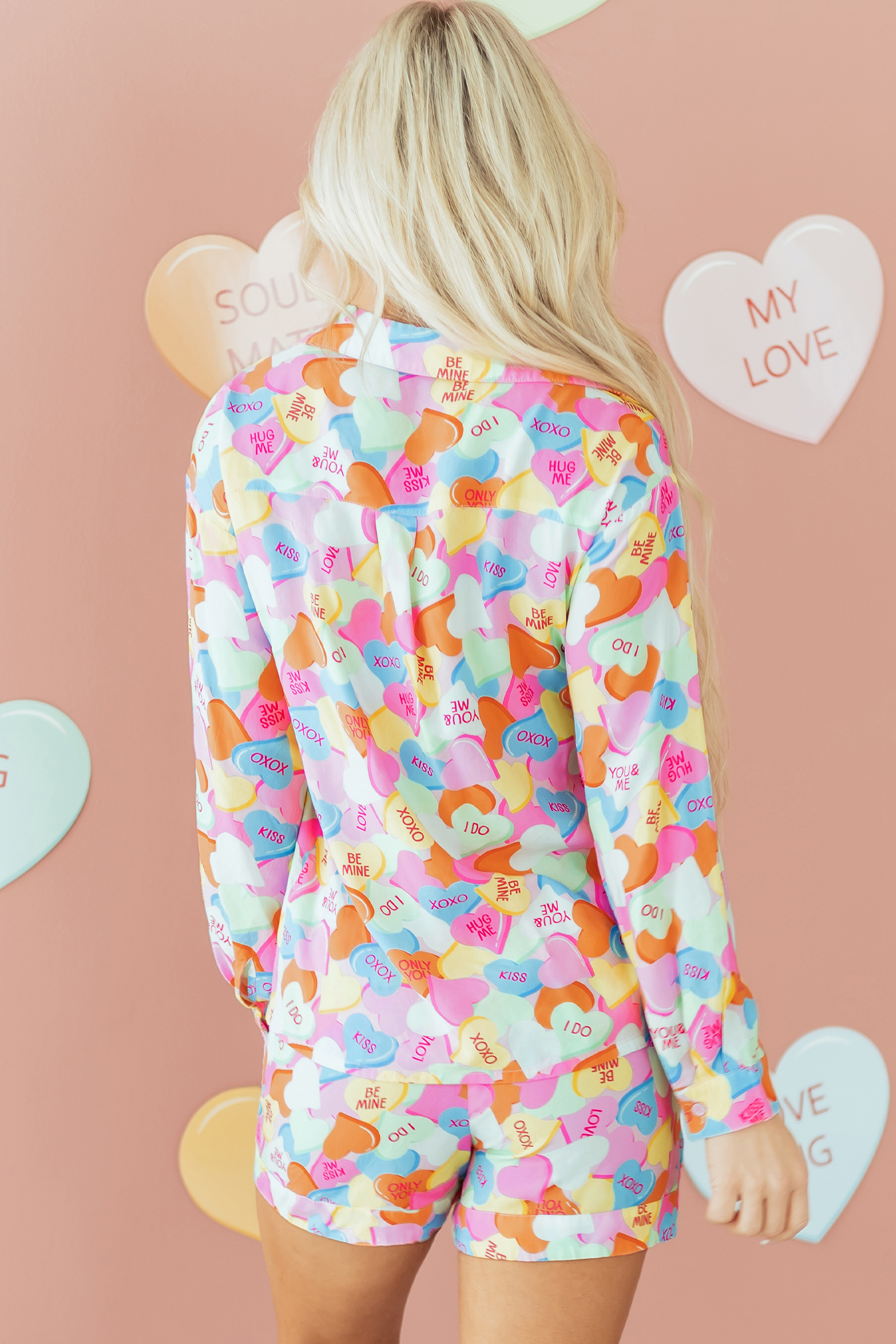 Pink Valentines Candy Heart V Neck Collared Tunic Shirt and Shorts 2pcs Pajama Set - Image 7