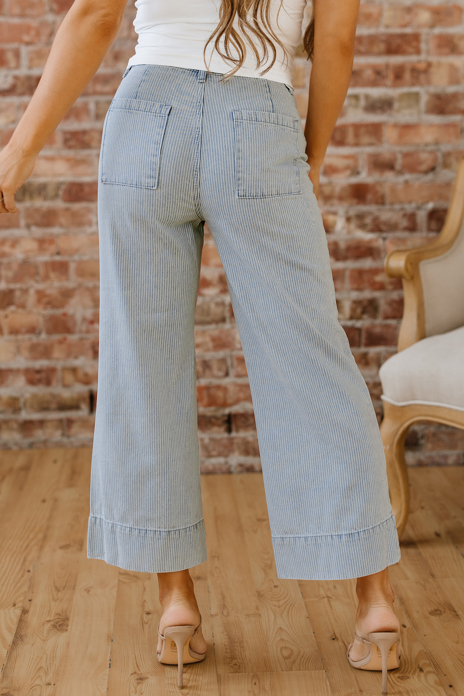Sky Blue Stripe Button Flap Pocket Cuffed Hem Wide Leg Jeans - Image 7
