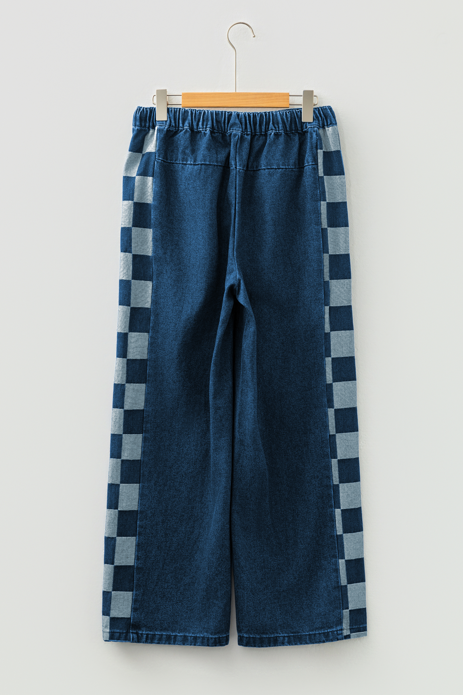 Sail Blue Checkered Side Panel Patchwork Drawstring Loose Denim Pants - Image 6