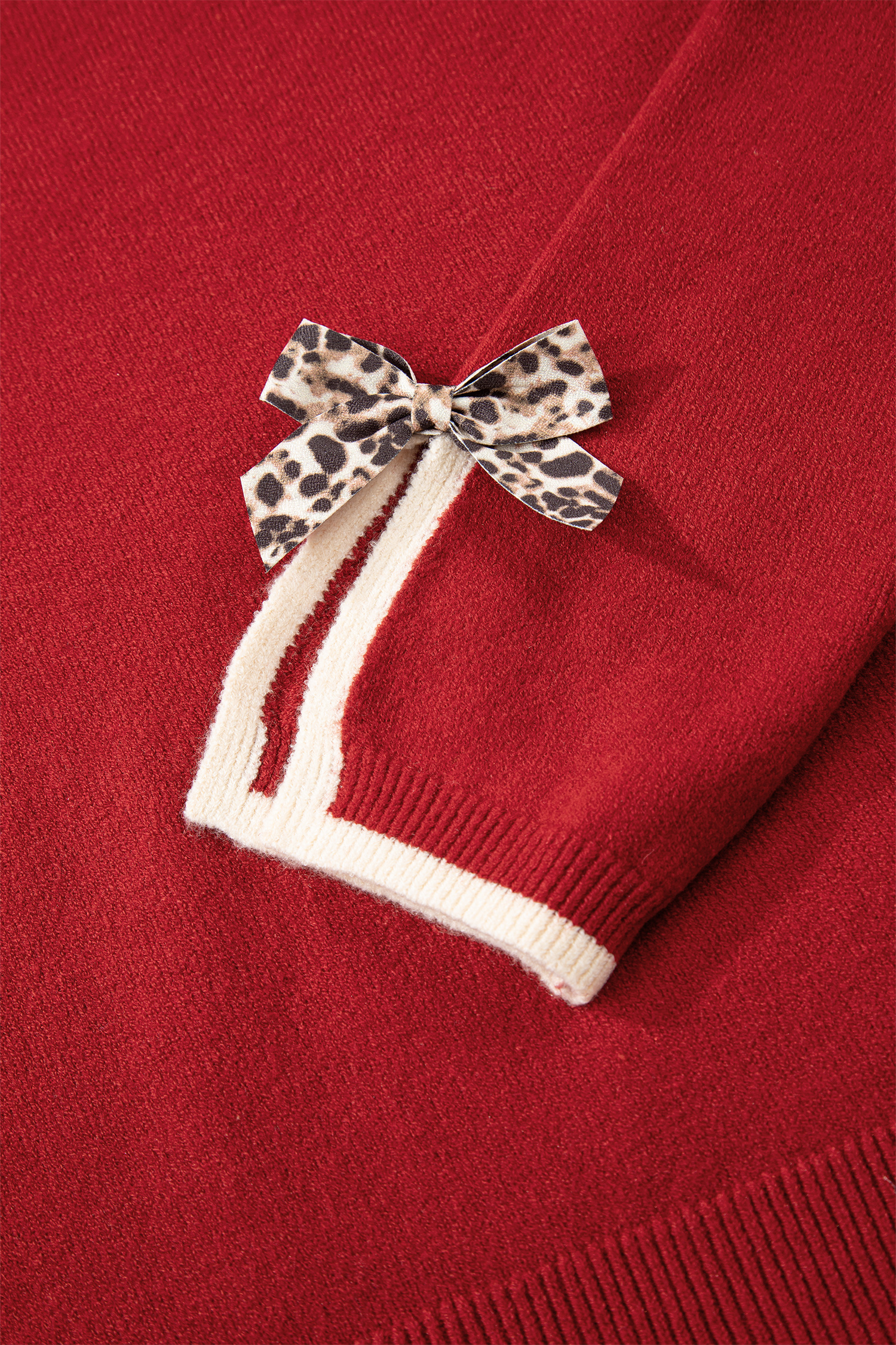 Racing Red Leopard Bow Decor Split Cuff Contrast Trim Sweater - Image 11