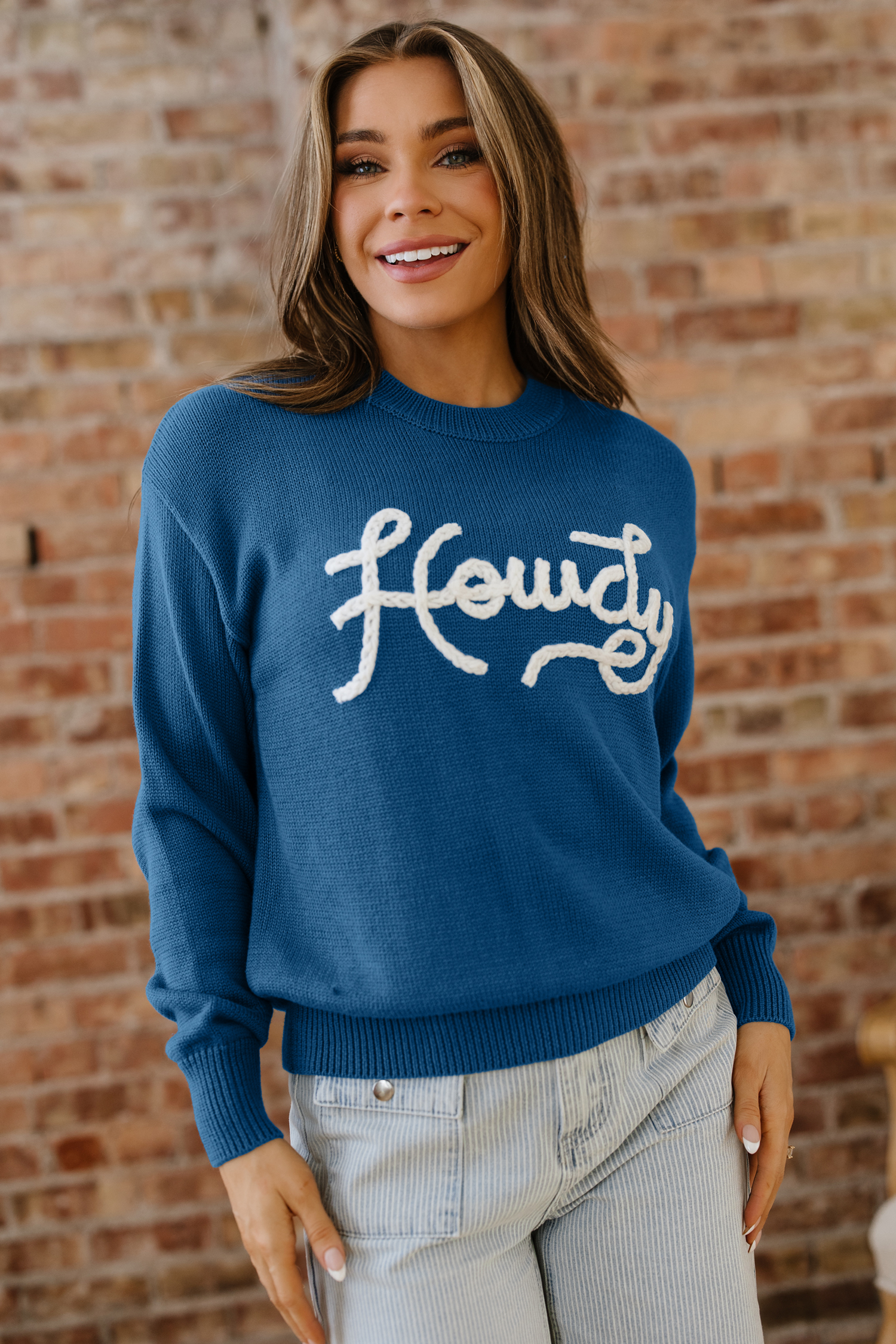 Dusk Blue Howdy Embroidered Graphic Western Sweater - Image 9