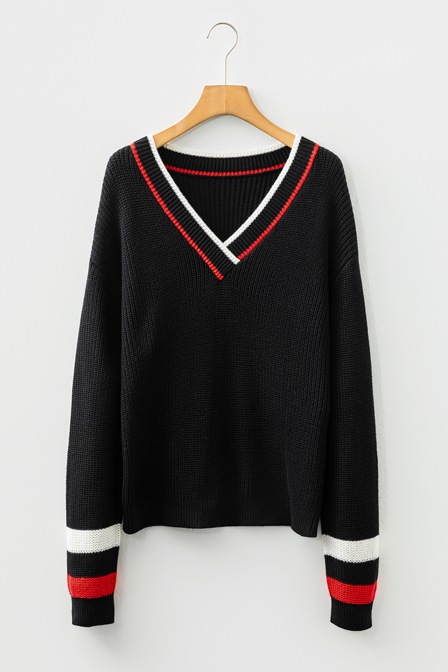 Black Contrast Striped Trim V Neck Drop Shoulder Sweater - Image 7
