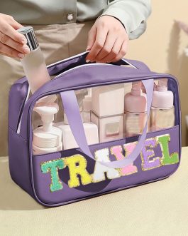 Purple TRAVEL Chenille Letter Clear PVC Makeup Bag