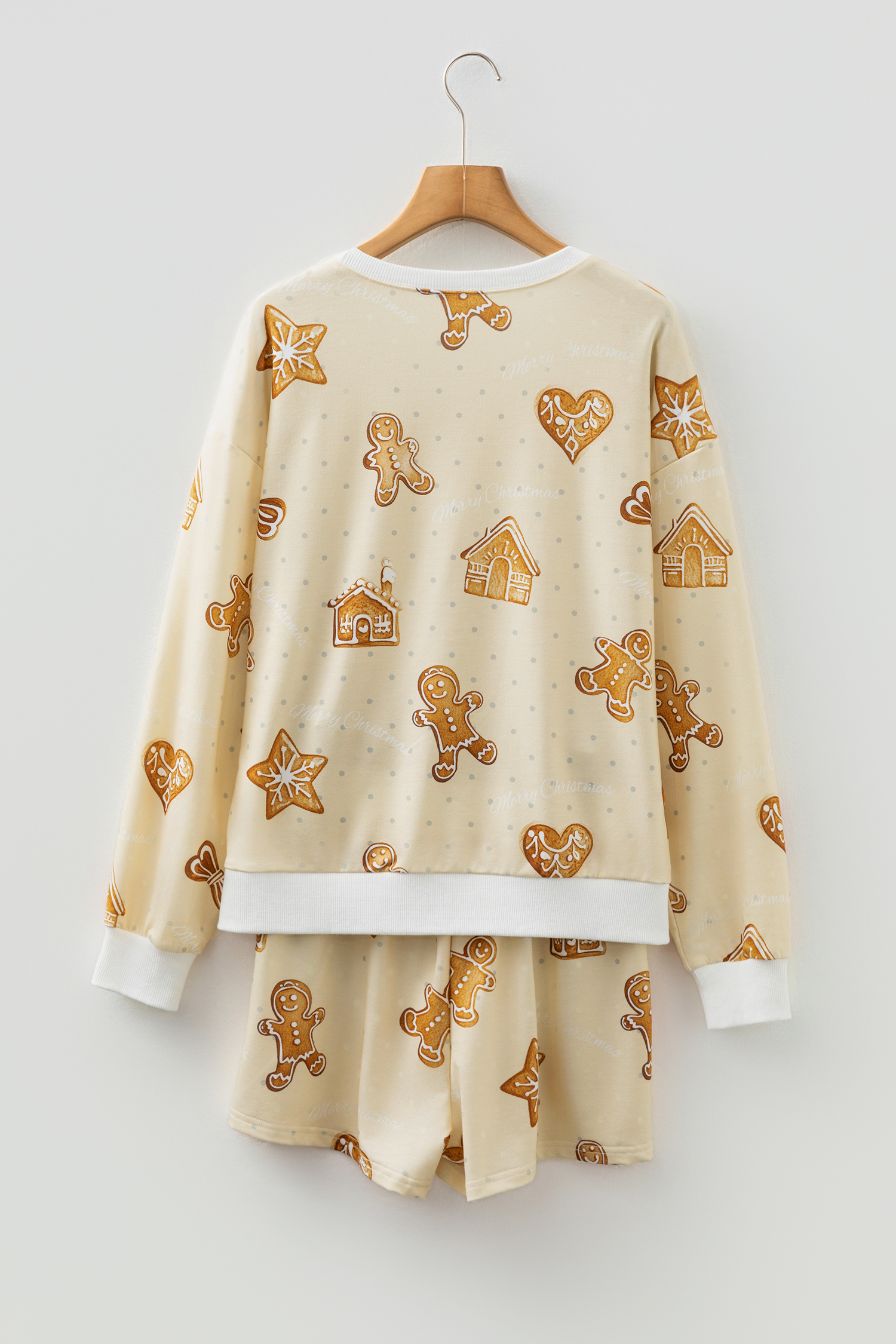 Beige Gingerbread Man Christmas Print Long Sleeve Pullover Lounge Short Set - Image 3