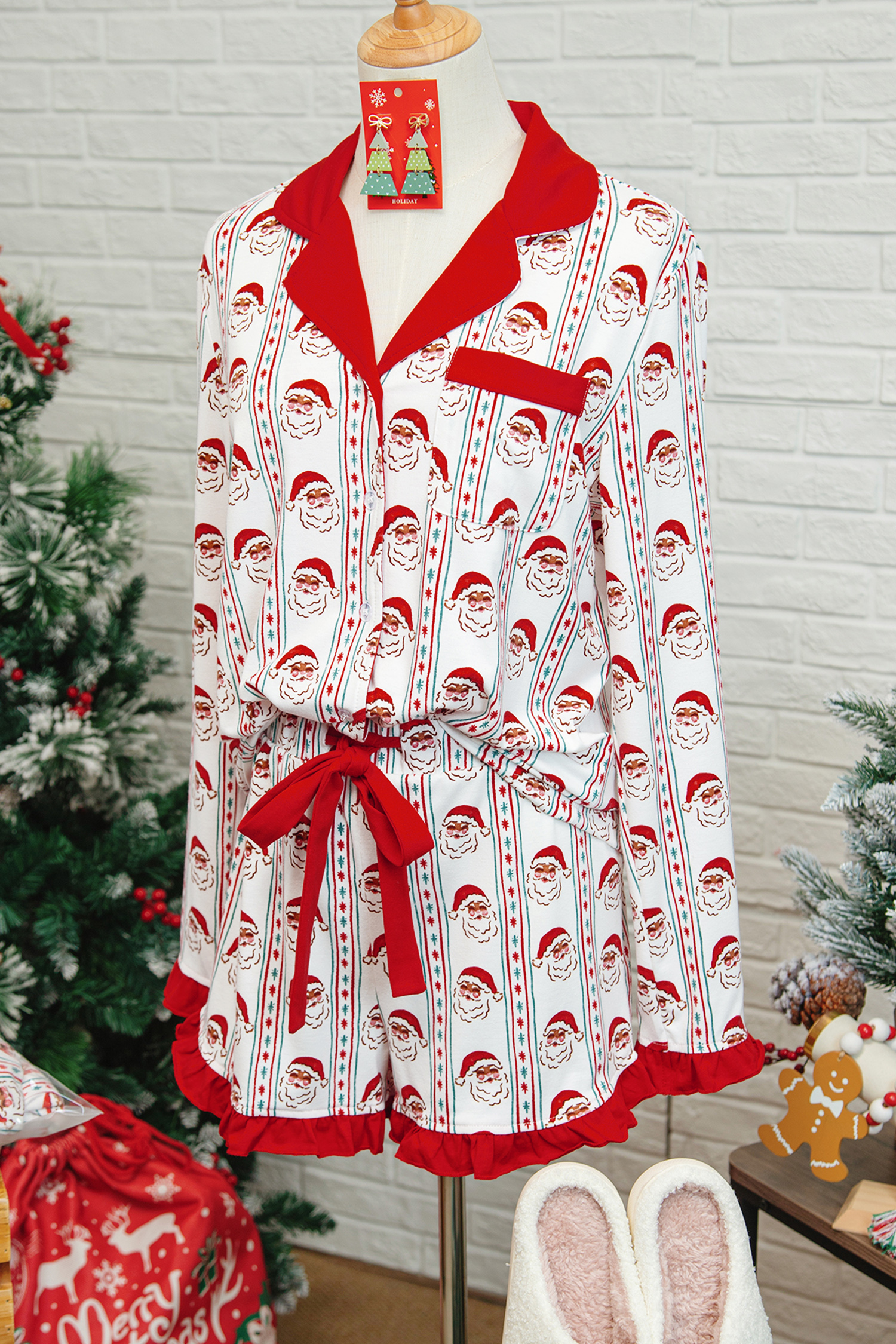 White Santa & Stripes Ruffle PJ Set - Image 16