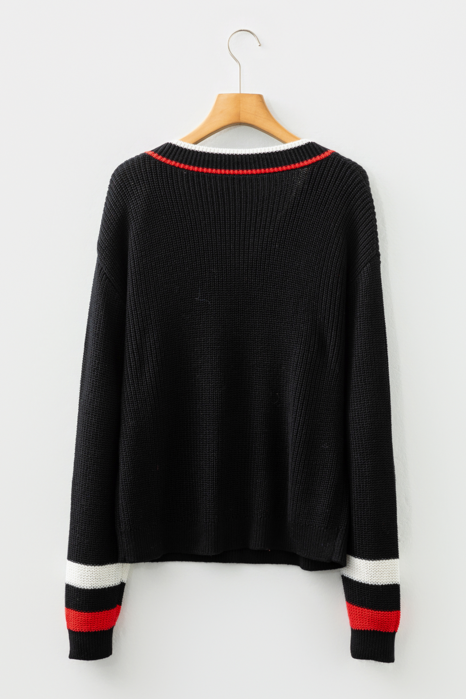 Black Contrast Striped Trim V Neck Drop Shoulder Sweater - Image 8
