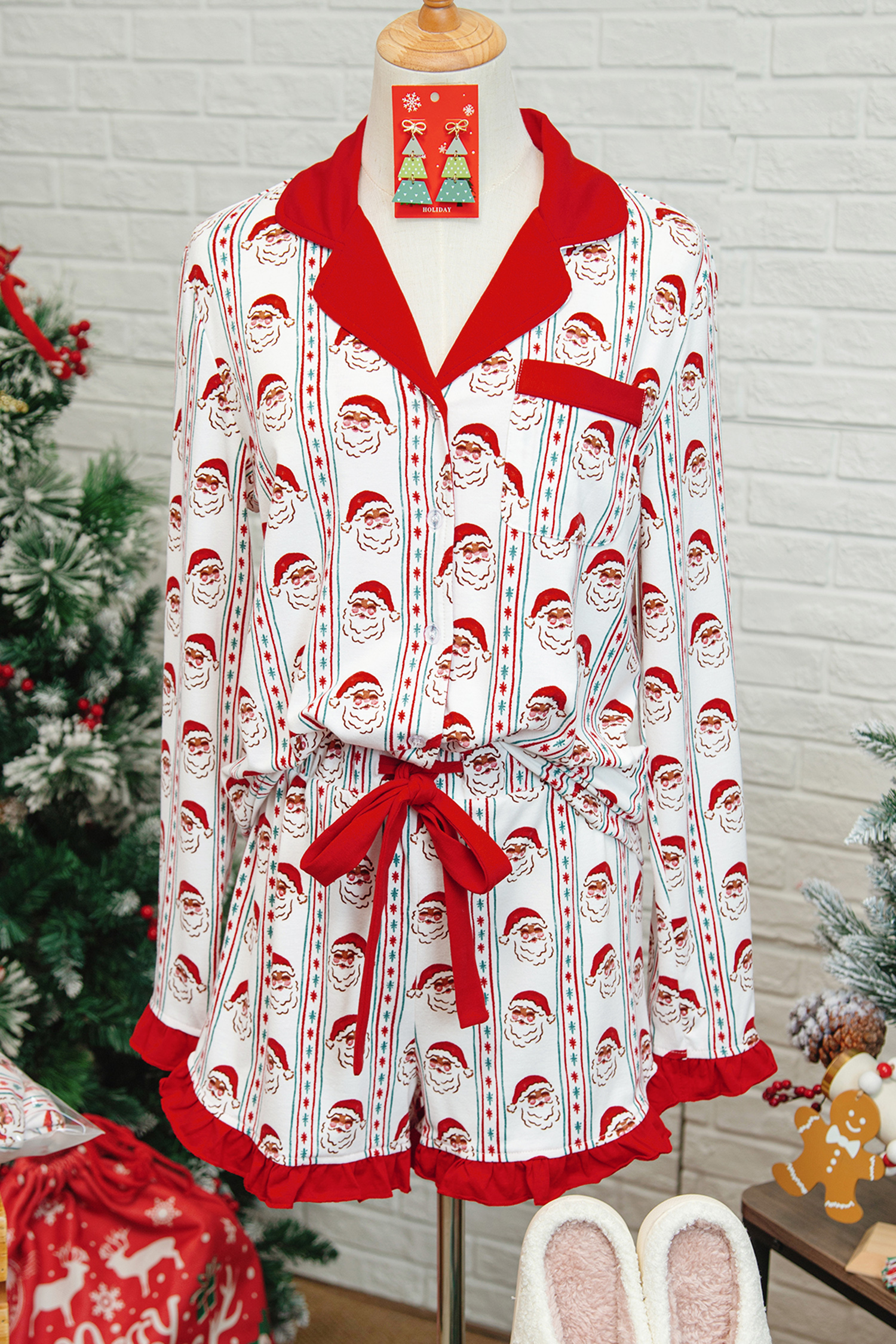 White Santa & Stripes Ruffle PJ Set - Image 14