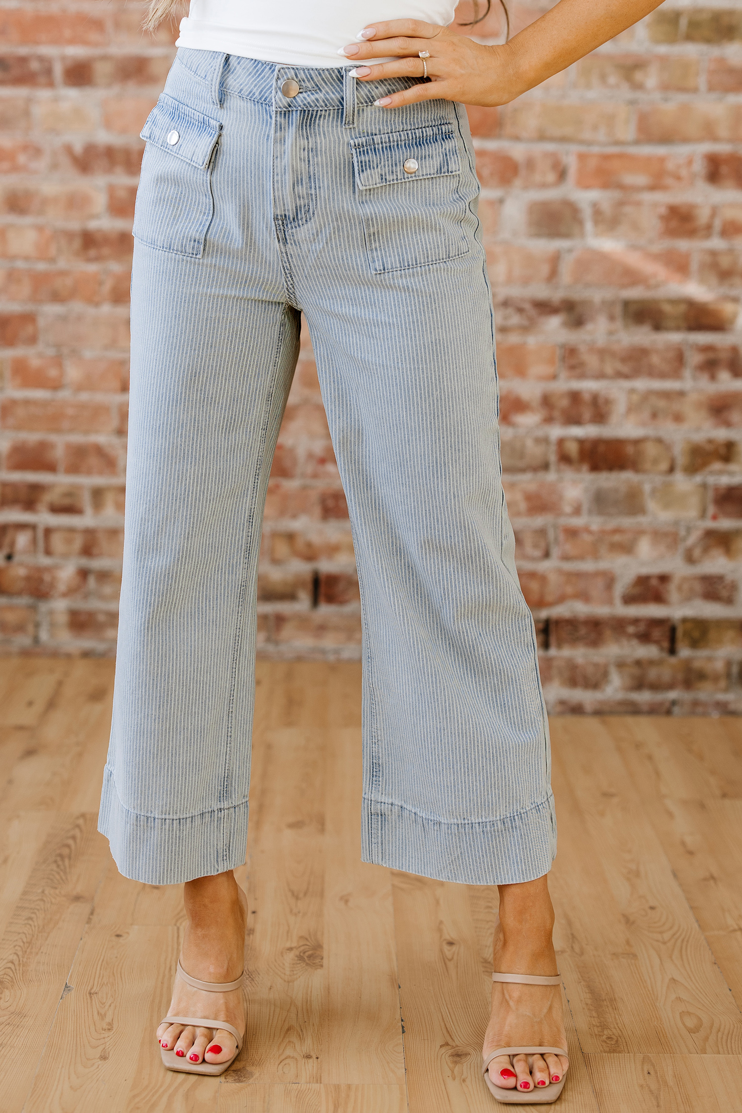 Sky Blue Stripe Button Flap Pocket Cuffed Hem Wide Leg Jeans - Image 9