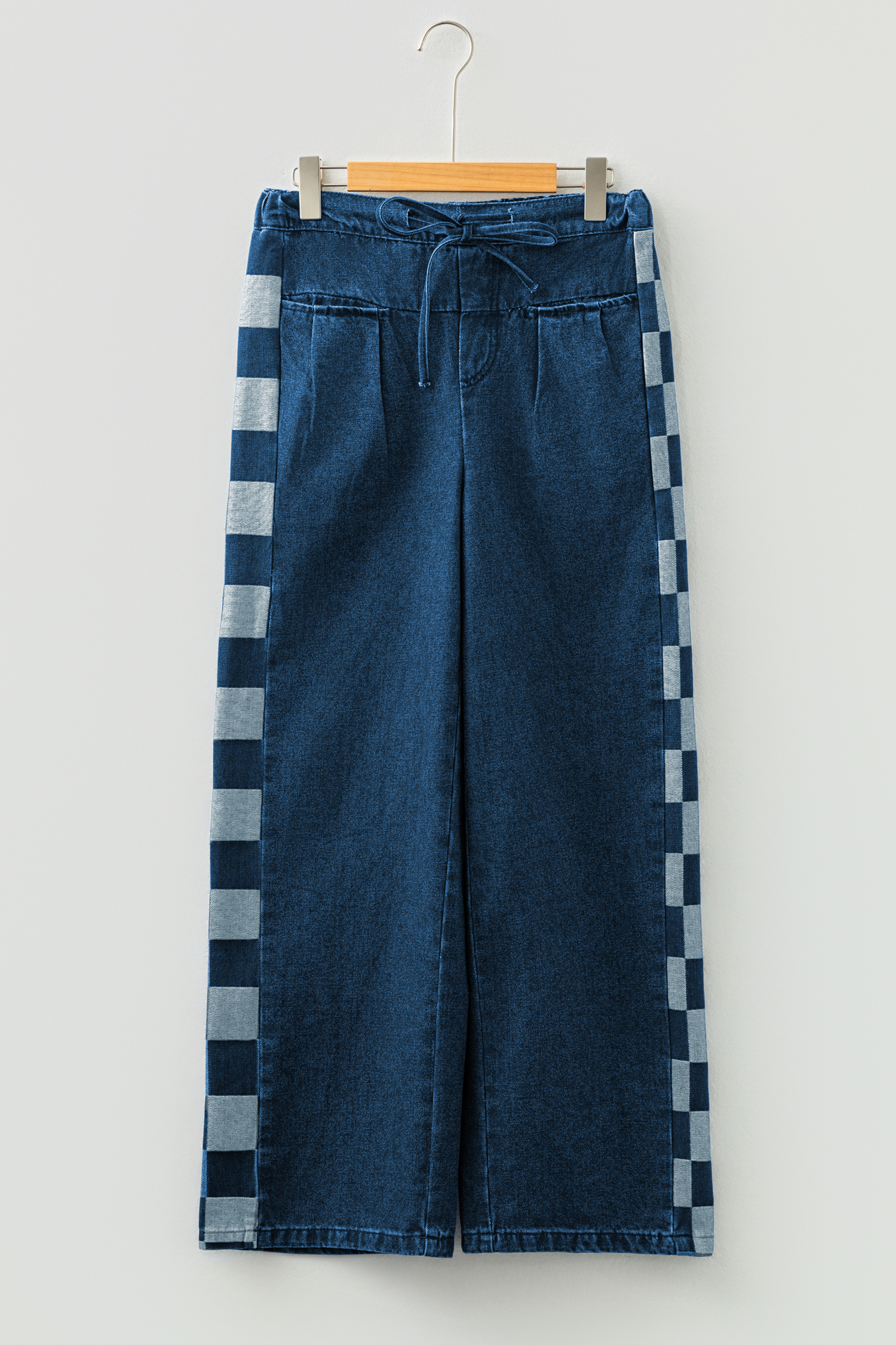 Sail Blue Checkered Side Panel Patchwork Drawstring Loose Denim Pants - Image 5