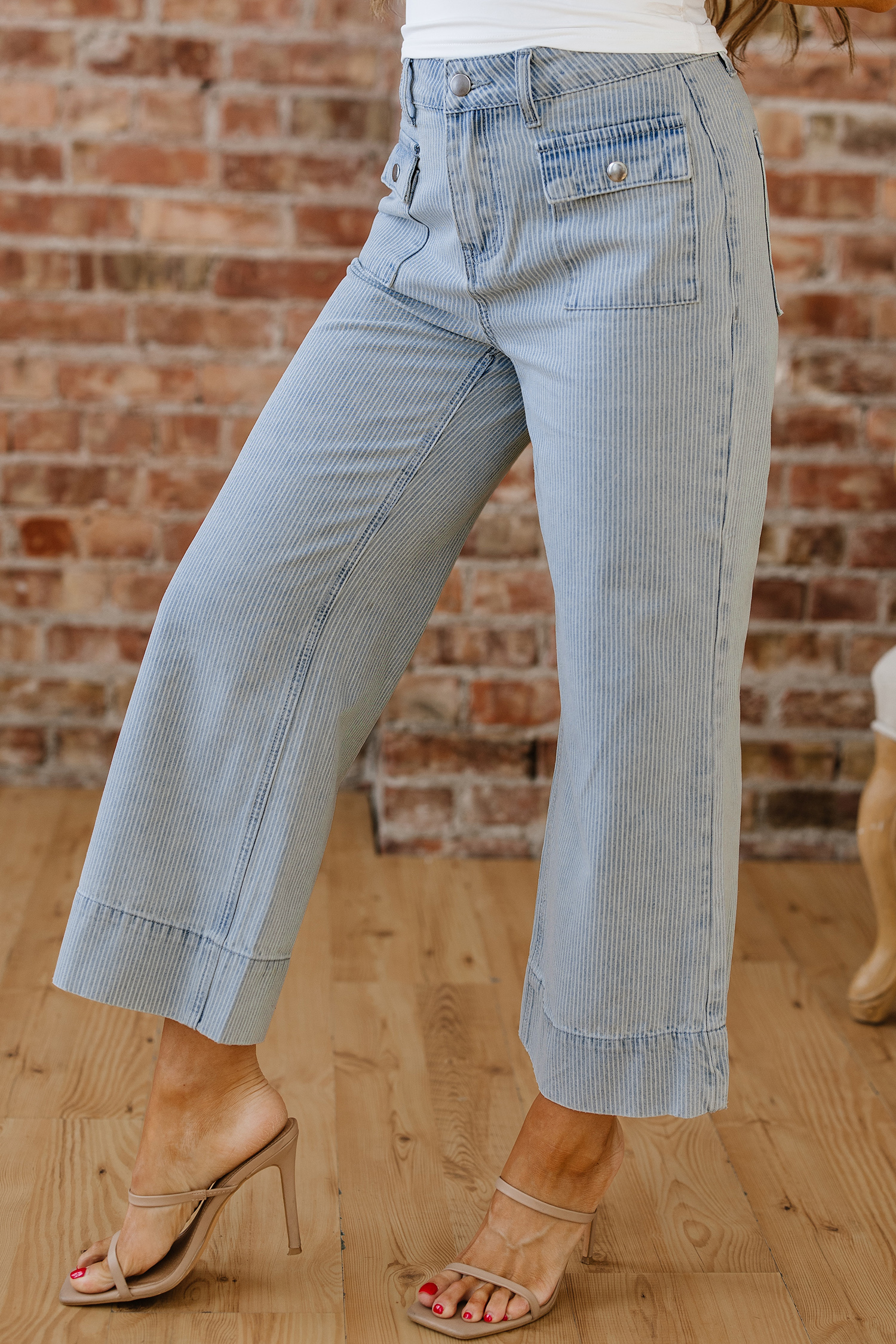 Sky Blue Stripe Button Flap Pocket Cuffed Hem Wide Leg Jeans - Image 12