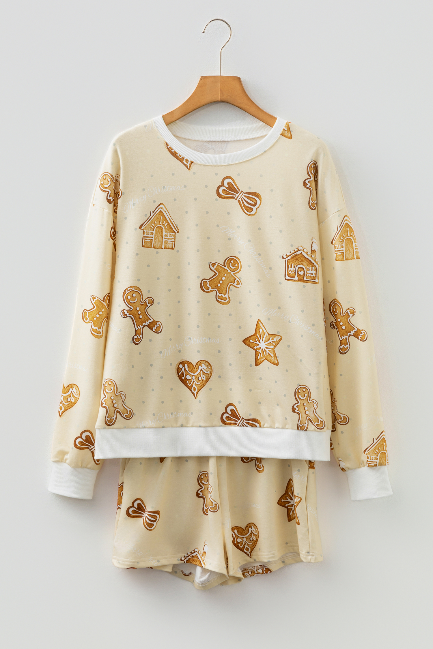 Beige Gingerbread Man Christmas Print Long Sleeve Pullover Lounge Short Set - Image 2