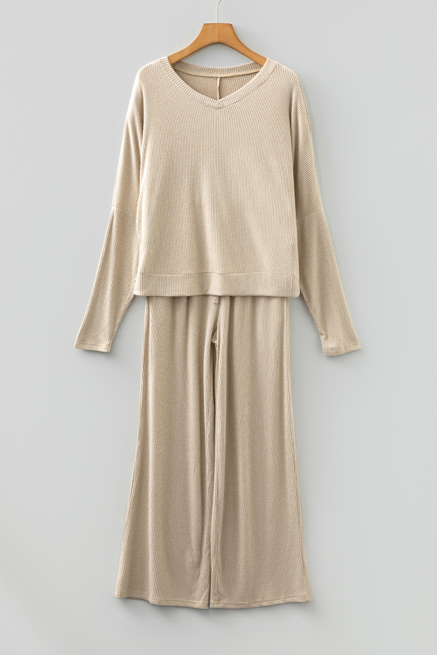 Jet Stream 3D Ribbed V Neck Pullover Drawstring Pants 2 Piece Lounge Set - Image 4