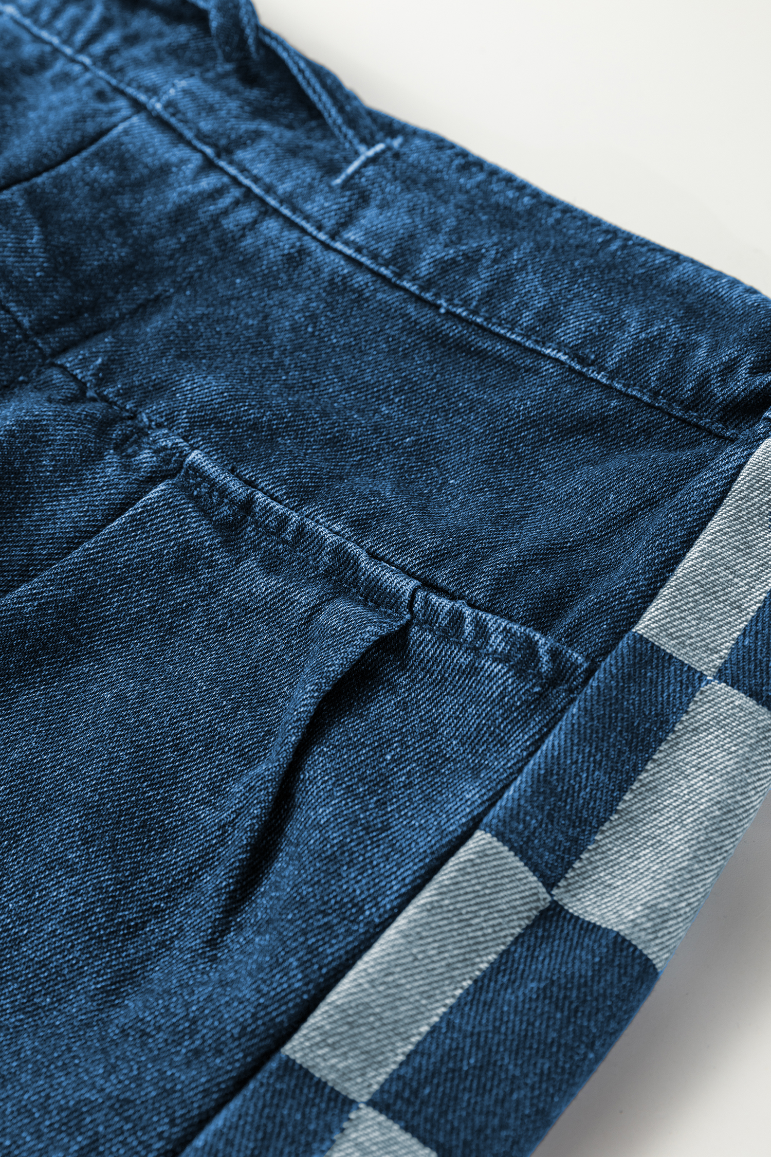 Sail Blue Checkered Side Panel Patchwork Drawstring Loose Denim Pants - Image 10