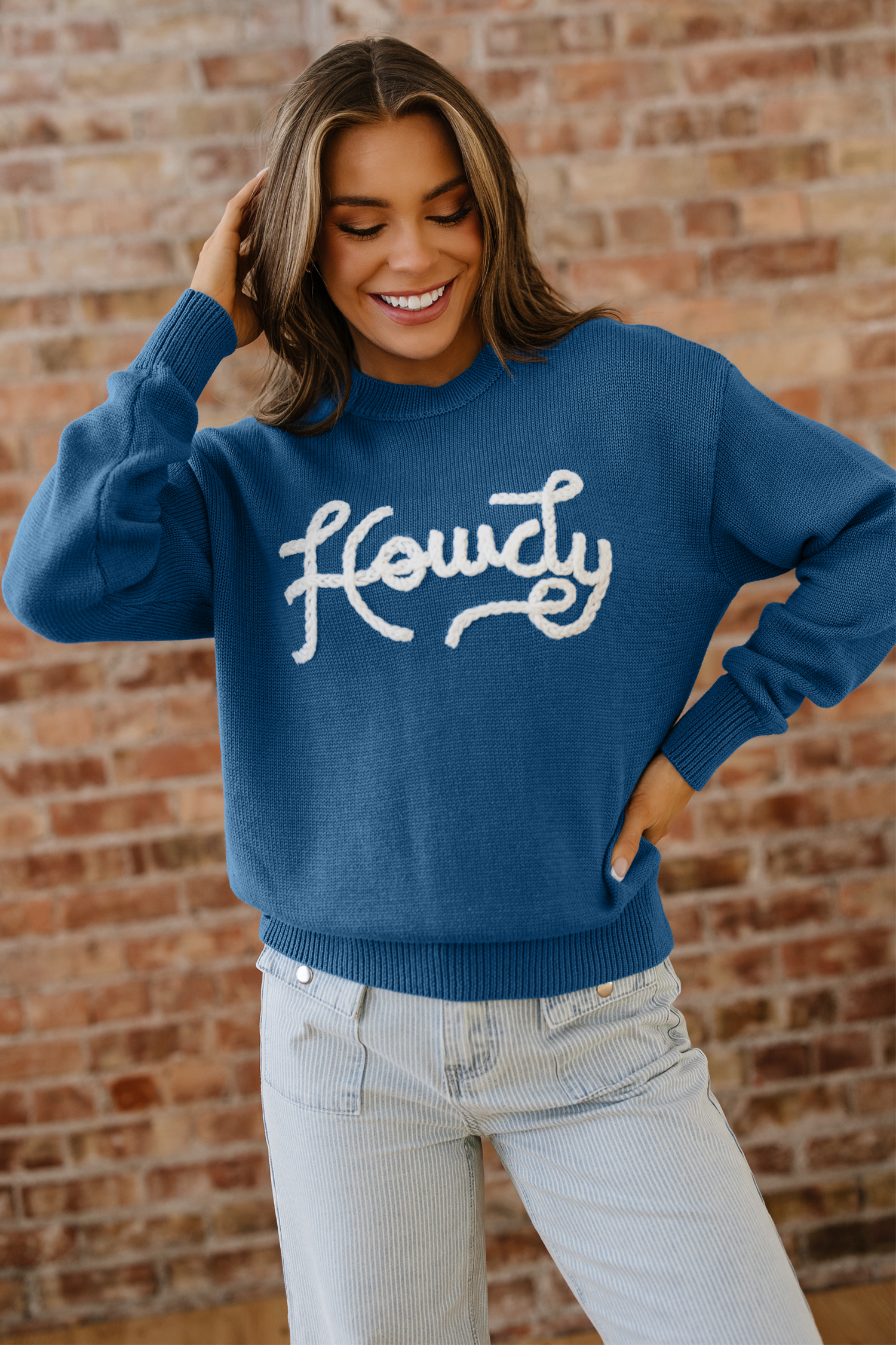 Dusk Blue Howdy Embroidered Graphic Western Sweater - Image 6