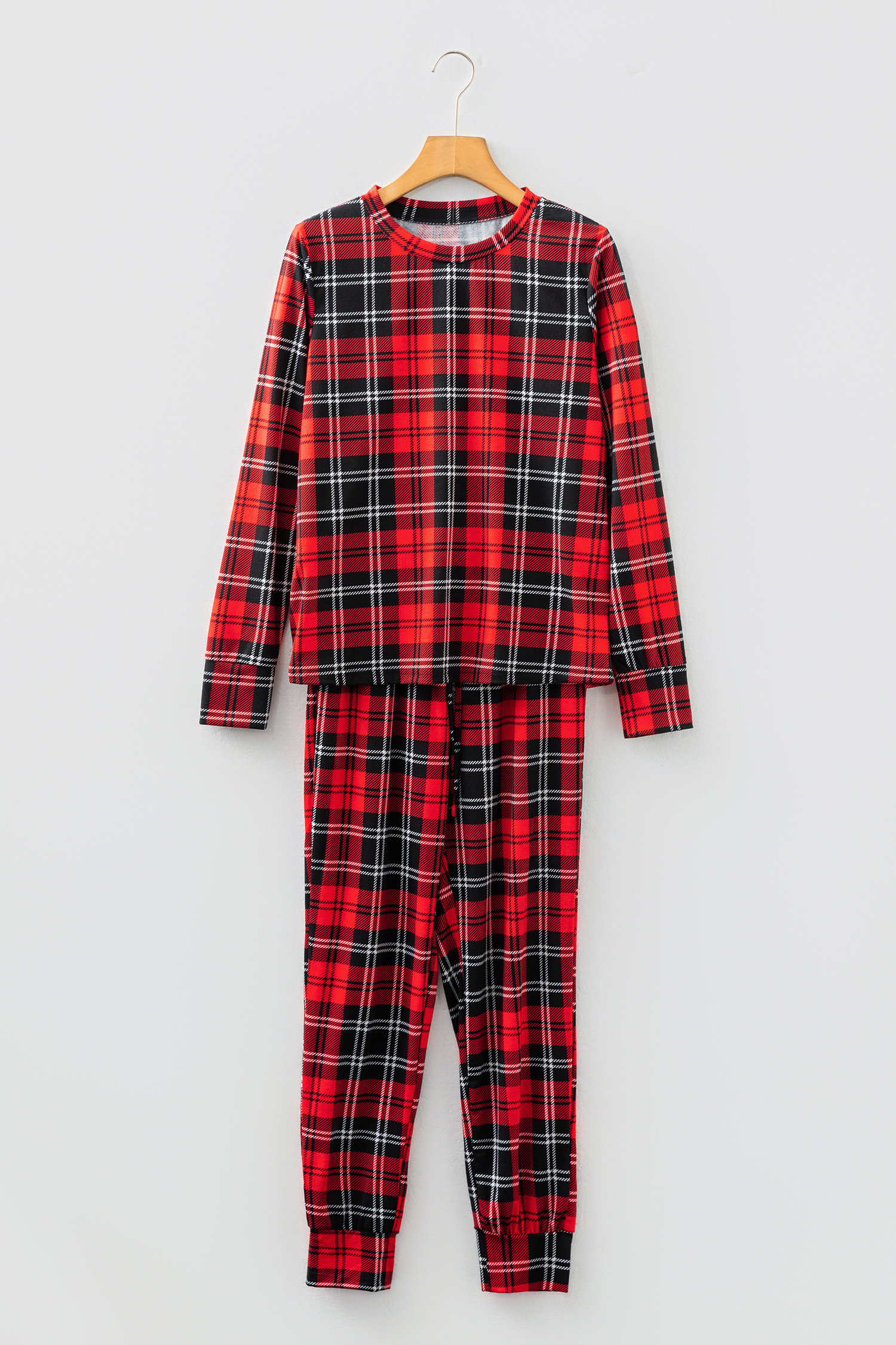 Red Festive Plaid Print Round Neck Long Sleeve and Pants 2 Piece Lounge Set - Image 9