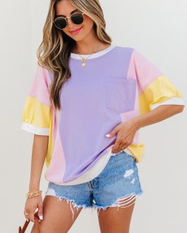 Purple Color Block Patchwork Half Sleeve Oversized T Shirt