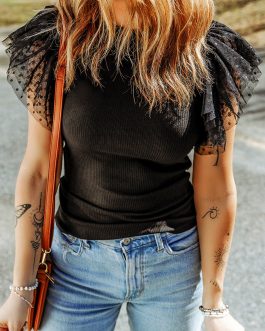 Black Dotty Mesh Ruffle Sleeve Ribbed Knit Top